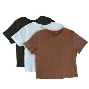 Bundle of 3 Nuuds Cropped Ribbed Baby Tee Shirts Brown Cinnamon White Olive SZ L